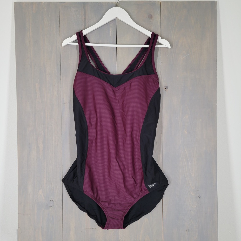 Speedo One Piece Swimsuit Womens XXL Plum Purple Black Ribbed Racerback Athletic